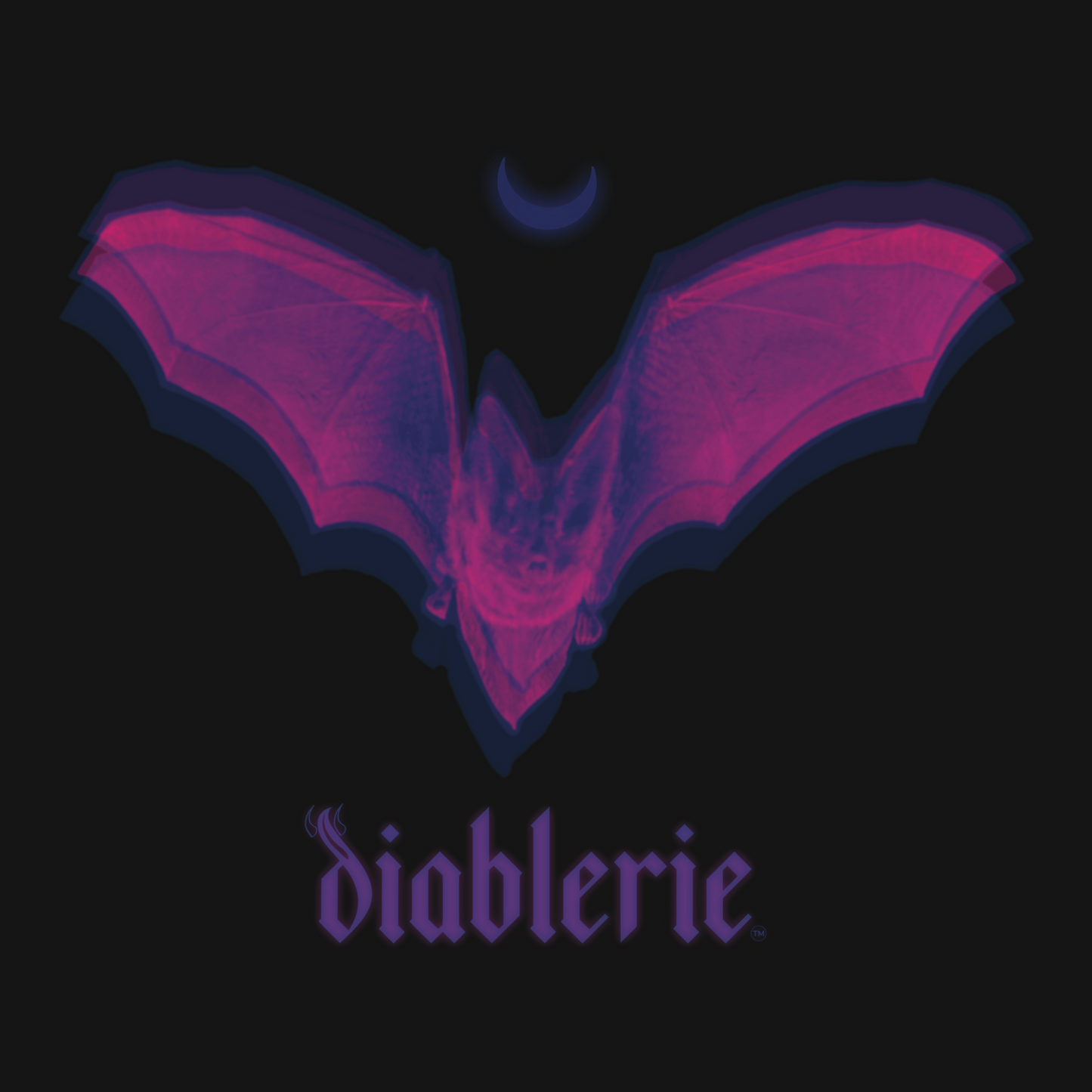 Purple anaglyph bat graphic design with crescent moon imagery