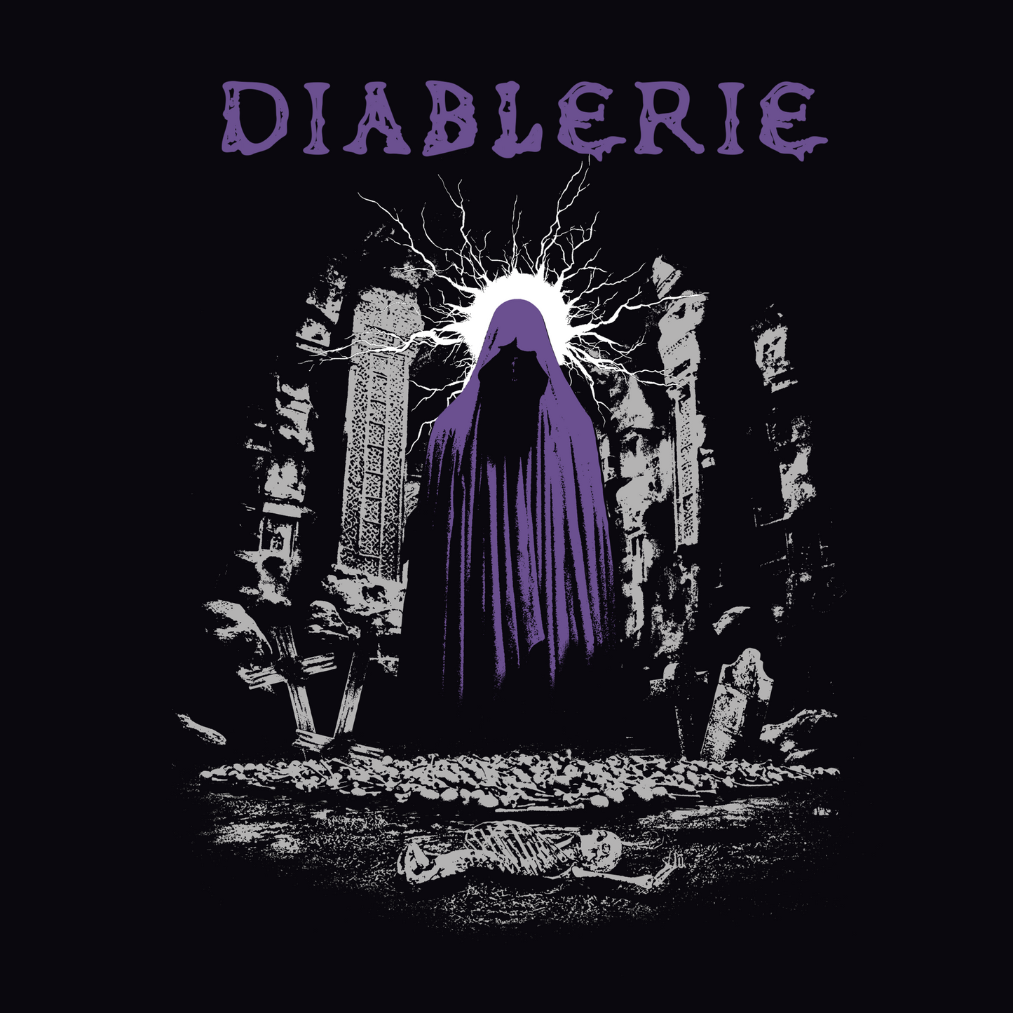 A figure in a purple hooded cloak in a dark, gothic setting with the word 'DIABLERIE' at the top.