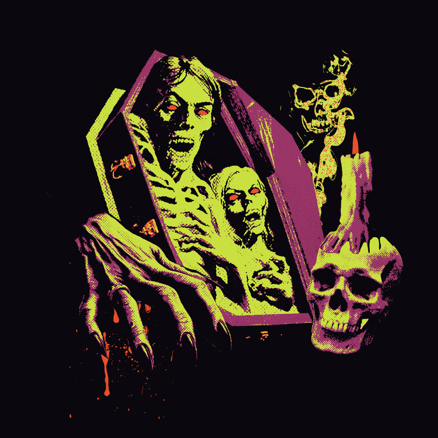 A unisex tee with a graphic design featuring zombies, a skeleton, and a skull and a candle on a black background with vibrant neon colors.