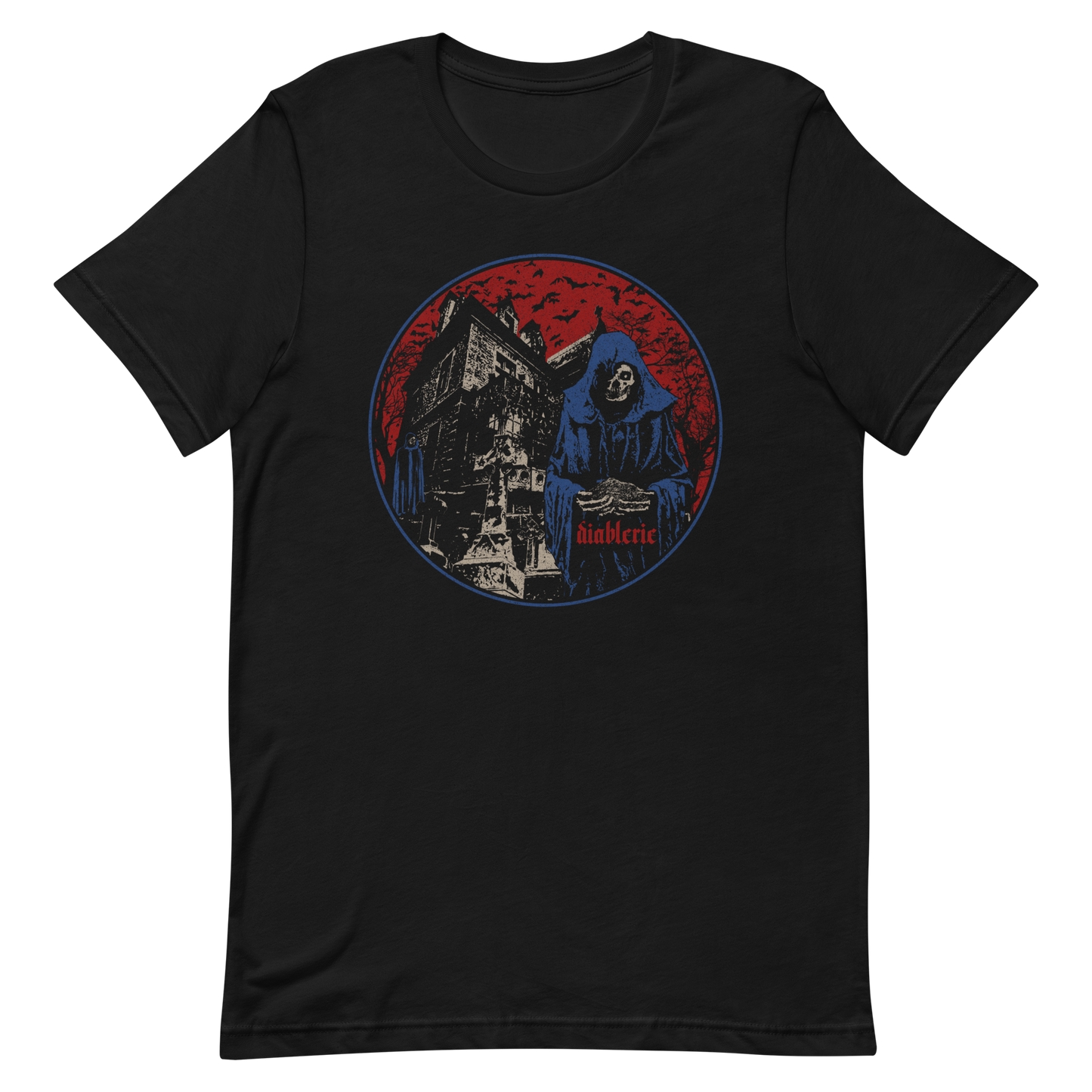 Black unisex t-shirt featuring circular vintage horror design with grim reaper and haunted house illustration.