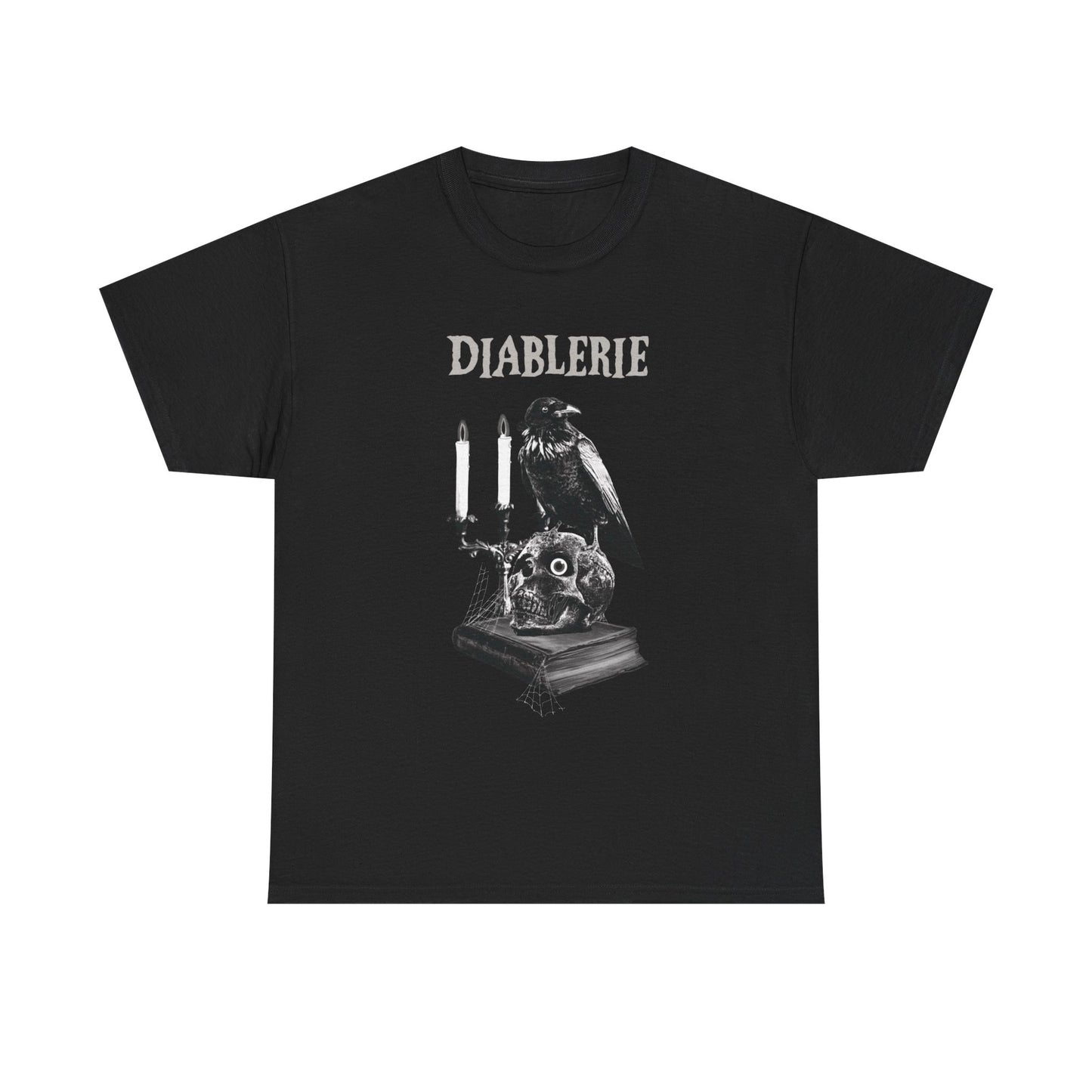 Black unisex t-shirt mockup on a white background featuring a raven and skull gothic illustration with the word “Diablerie” printed above the design.