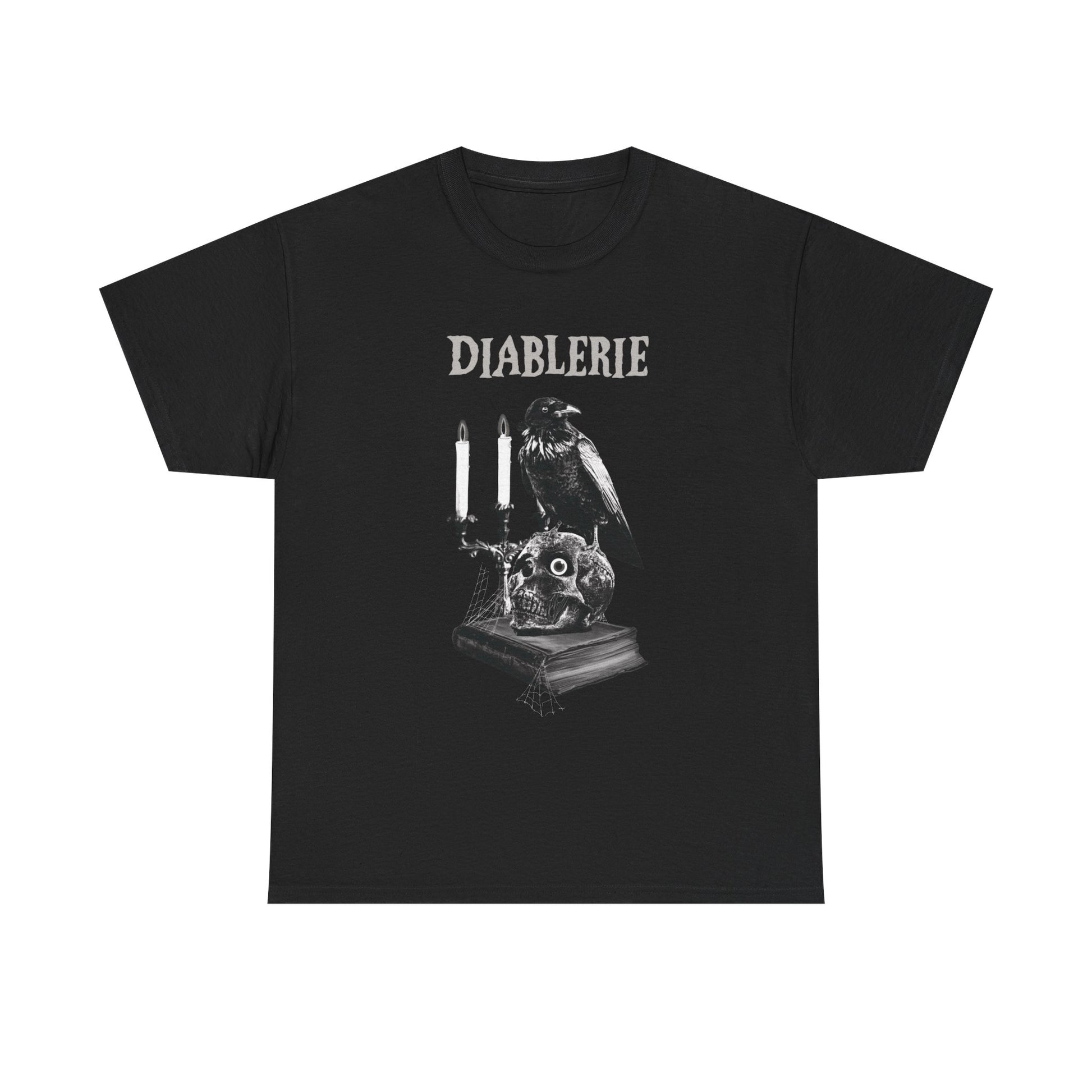 Black unisex t-shirt mockup on a white background featuring a raven and skull gothic illustration with the word “Diablerie” printed above the design.