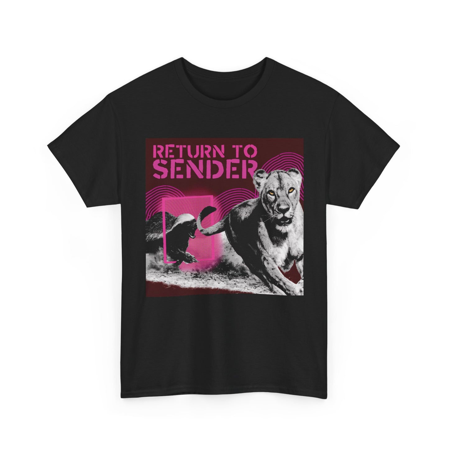Black unisex T-shirt featuring a honey badger chasi.ng a lioness with Return to Sender text printed on the front