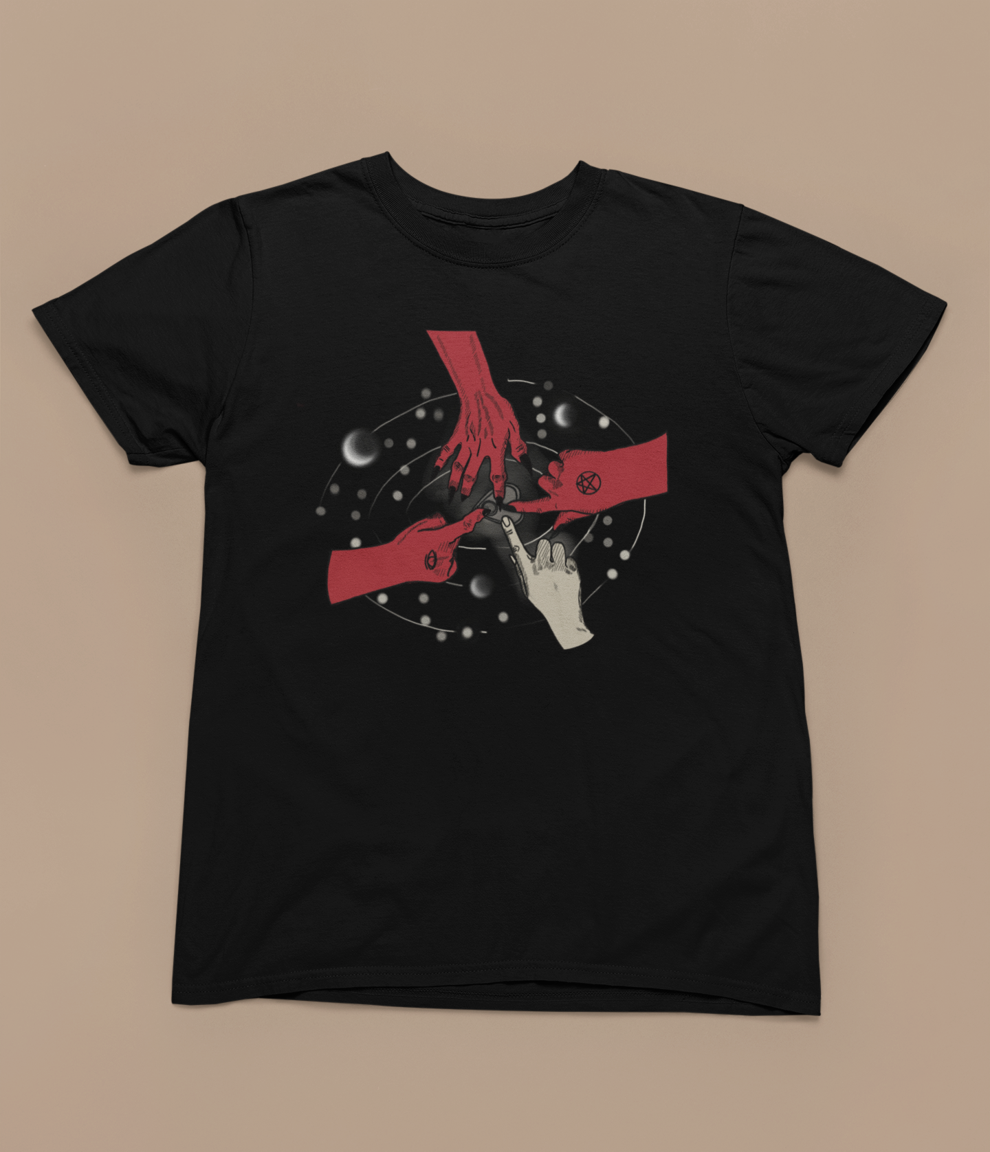 Flat lay of black unisex t-shirt showing the All Devils, No Deals graphic design in full view