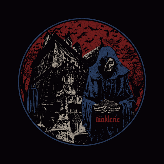 Vintage horror illustration featuring hooded grim reaper standing before abandoned building under red sky in circular badge style.