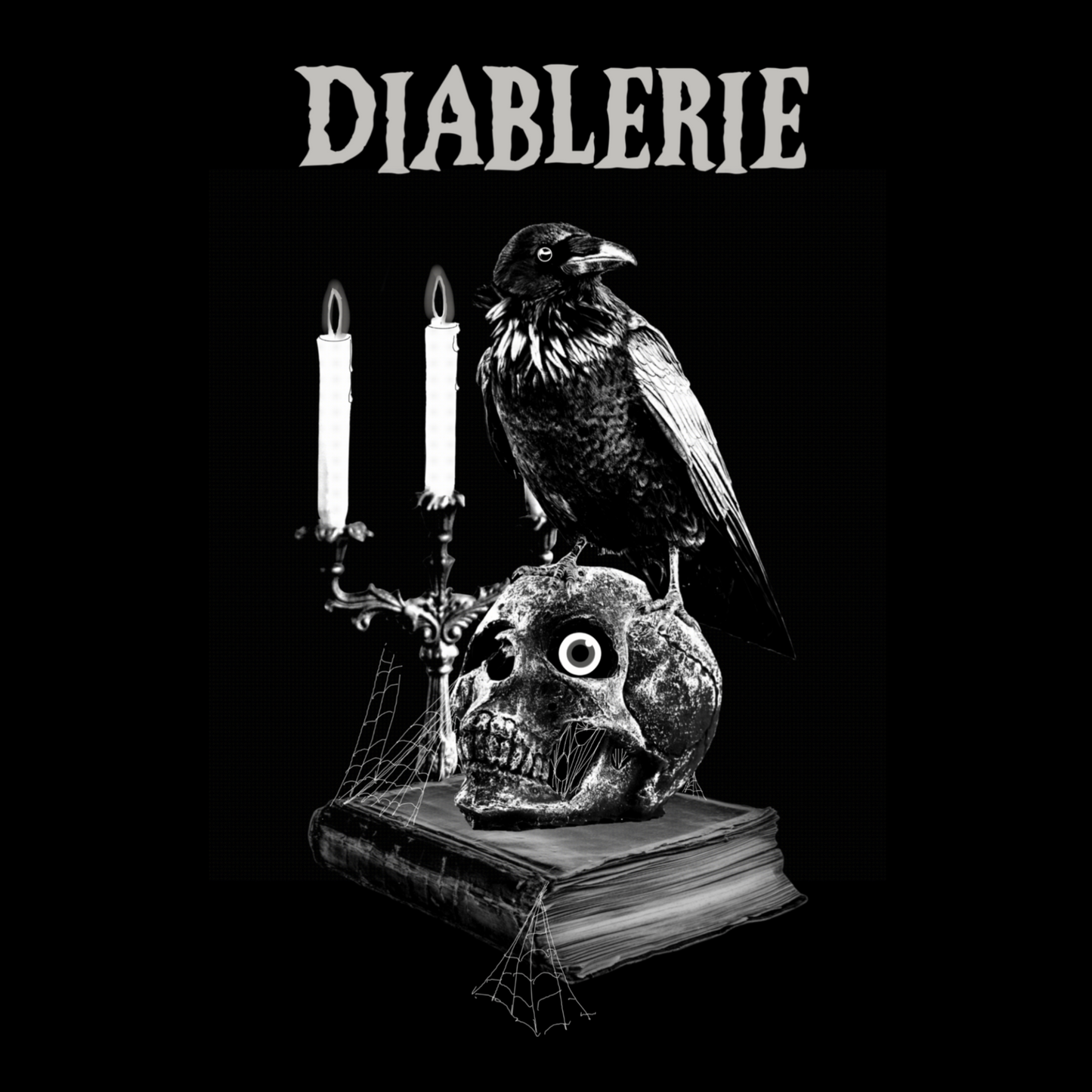 Gothic illustration of a raven standing on a human skull resting on a grimoire with the word “Diablerie” above the design on a dark background.