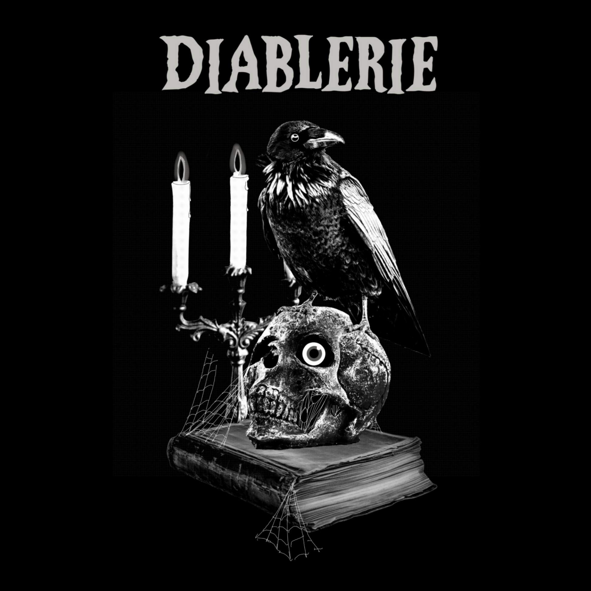 Gothic illustration of a raven standing on a human skull resting on a grimoire with the word “Diablerie” above the design on a dark background.
