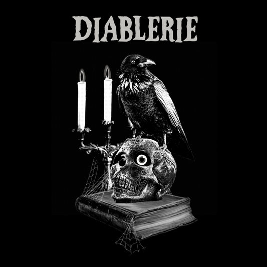 Gothic illustration of a raven standing on a human skull resting on a grimoire with the word “Diablerie” above the design on a dark background.