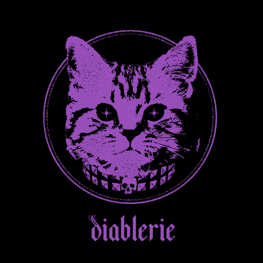 Hypnotic punk cat emblem with spiked collar inside black circle and small Diablerie logo underneath.