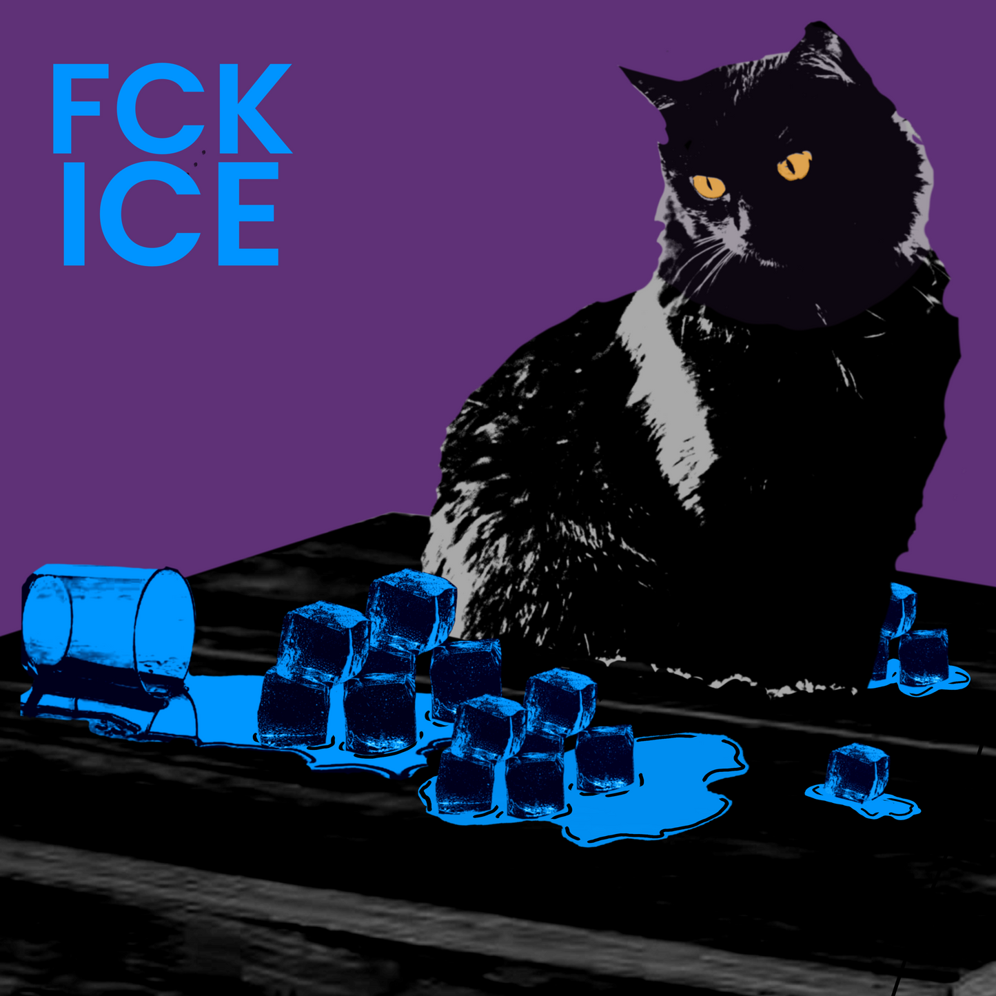 Illustration of a black cat knocking over a glass of ice with the words FCK ICE on a purple background