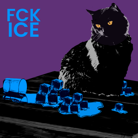 Illustration of a black cat knocking over a glass of ice with the words FCK ICE on a purple background