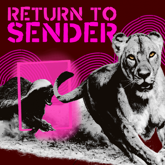 Illustration of a honey badger about to bite the tail of a running lioness with the words Return to Sender in distorted text.