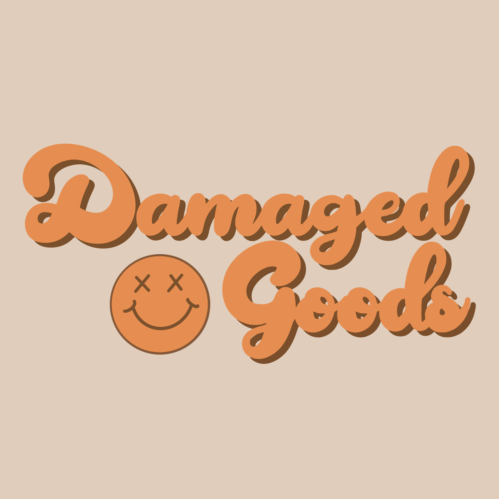 Text 'Damaged Goods' with a smiley face on a beige background