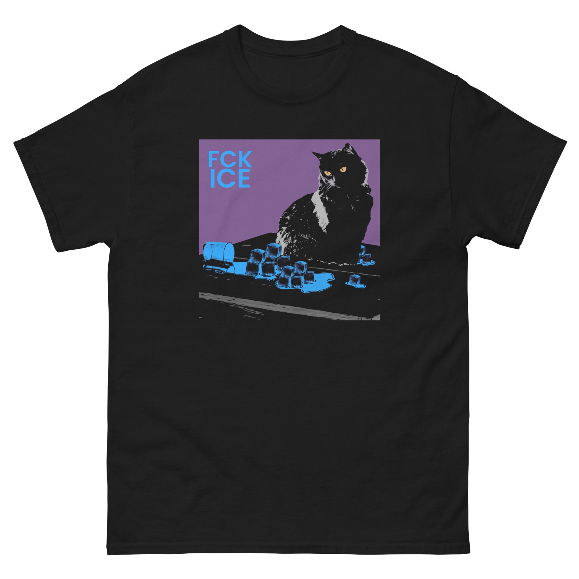 Black unisex T-shirt featuring a graphic of a cat spilling a glass of ice with FCK ICE text printed on the front