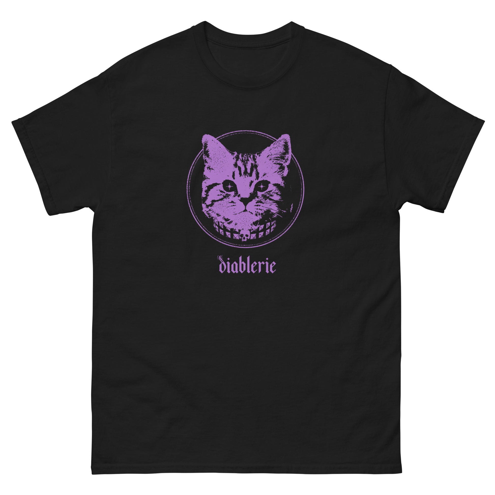 Black t-shirt with punk cat design inside black circle and small Diablerie logo underneath.