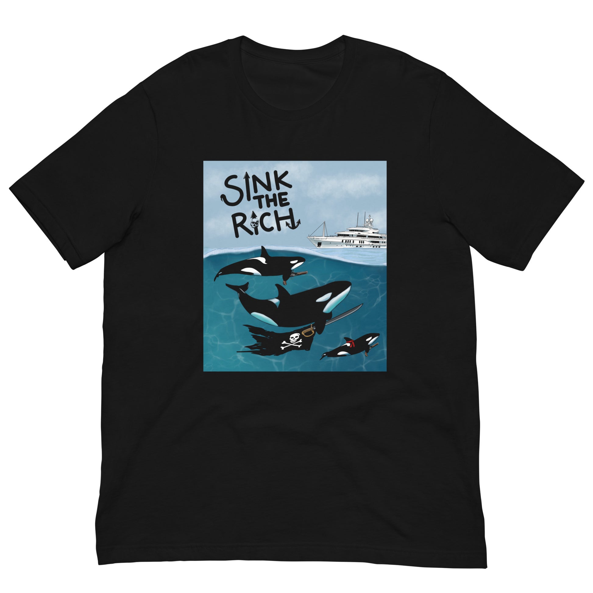 Black T-shirt mockup featuring a square graphic of orcas attacking a yacht with the words “Sink the Rich,” dark humor anti-wealth illustration printed on the front of a unisex shirt.