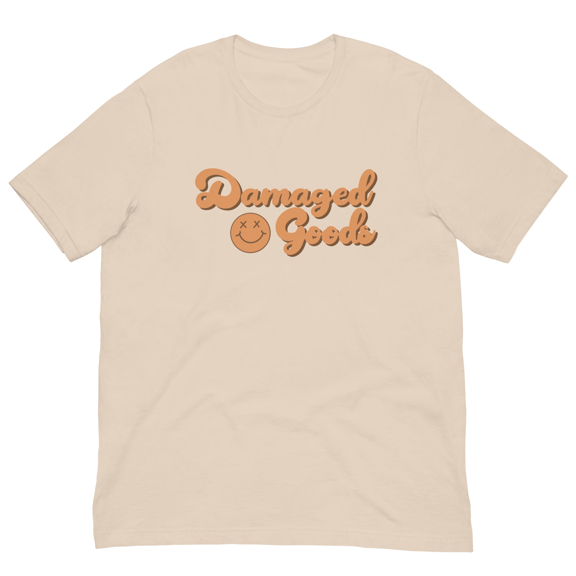 Damaged Goods unisex graphic tee in beige with orange retro lettering and smiley face design